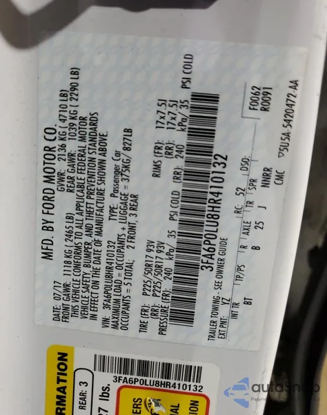 2017 Ford Fusion Se Hybrid from USA, damaged, VIN 3FA6P0LU8HR410132